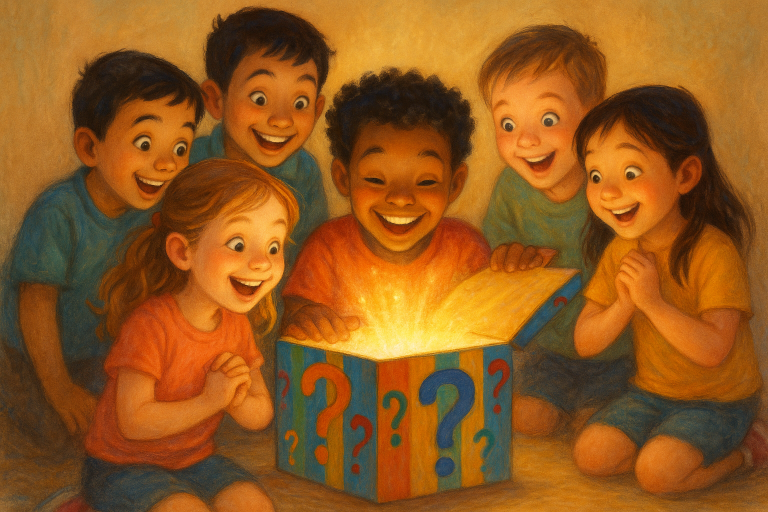 create an image in which kids opening a mystery box and looking happy